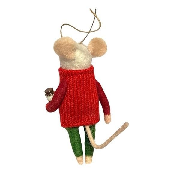 Vintage felt Christmas white mouse holding milk jar red sweater green legging 5” - Picture 2 of 15
